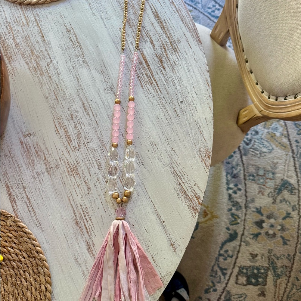 Pink Beaded Tassel Necklace with Sari Tassel- Women Jewelry